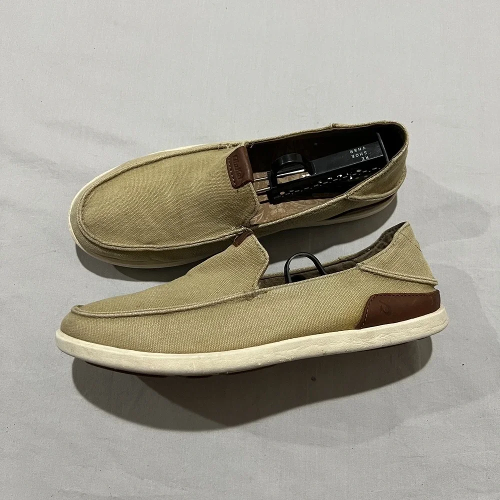 OluKai Manoa 10382-1033 Mens Ta Brown Leather Canvas Lightweight Slip On Shoes 8